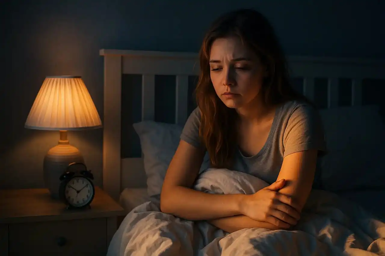 Sleeping Pills UK guide tired adult sitting on bed at night