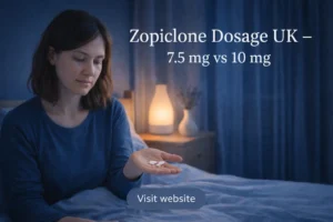 UK adult in blue bedroom holding two tablets, comparing Zopiclone 7.5 mg and 10 mg dosage.
