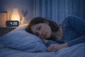 UK adult awake in bed feeling groggy in blue bedroom representing Zopiclone next-day effects.